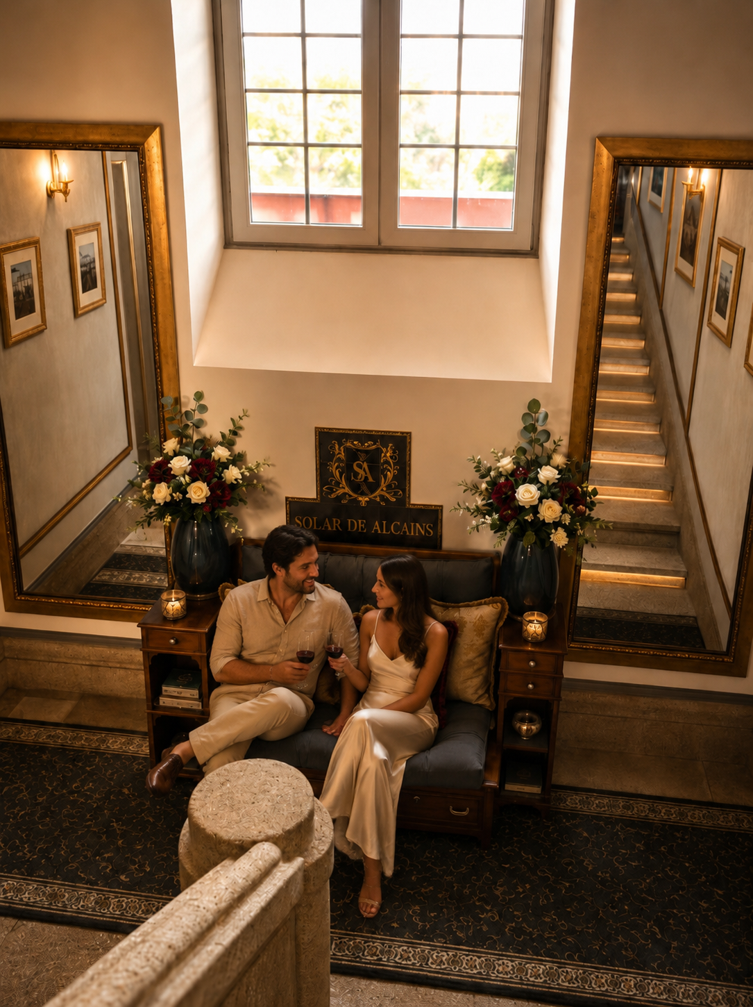 Couple lounging in private manor chamber